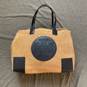 Tory Burch Ella Straw Tote Bag (Navy Blue)